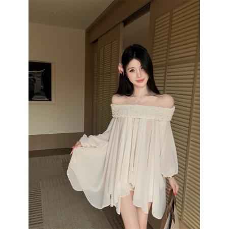 荷叶边甜心设计感仙女甜美重工褶皱一字领露肩雪纺衫女 服裝批發女裝批發服飾貨源