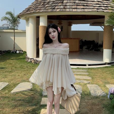 荷叶边甜心设计感仙女甜美重工褶皱一字领露肩雪纺衫女 服裝批發女裝批發服飾貨源