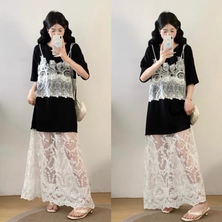 大码女装夏季新款法式温柔风宽松显瘦黑白蕾丝拼接连衣裙 服裝批發女裝批發服飾貨源