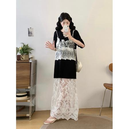 大码女装夏季新款法式温柔风宽松显瘦黑白蕾丝拼接连衣裙 服裝批發女裝批發服飾貨源