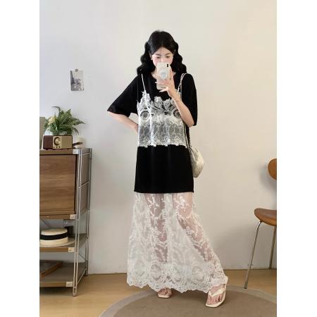 大码女装夏季新款法式温柔风宽松显瘦黑白蕾丝拼接连衣裙 服裝批發女裝批發服飾貨源