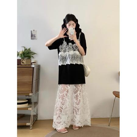 大码女装夏季新款法式温柔风宽松显瘦黑白蕾丝拼接连衣裙 服裝批發女裝批發服飾貨源