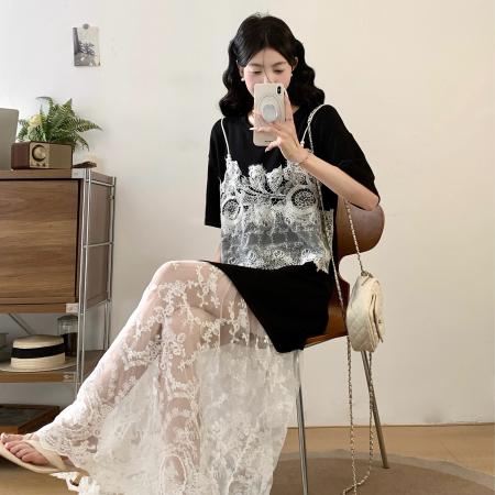 大码女装夏季新款法式温柔风宽松显瘦黑白蕾丝拼接连衣裙 服裝批發女裝批發服飾貨源