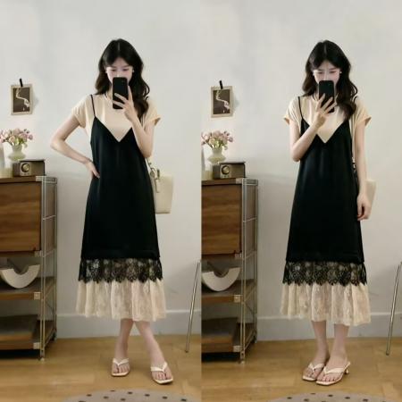 大码女装夏季新款时尚蕾丝拼接假两件宽松显瘦遮肚连衣裙 服裝批發女裝批發服飾貨源