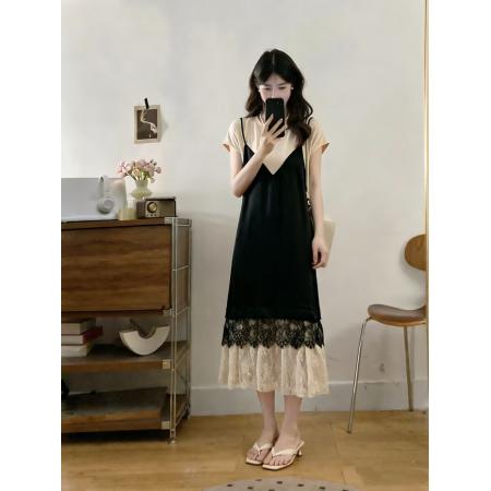 大码女装夏季新款时尚蕾丝拼接假两件宽松显瘦遮肚连衣裙 服裝批發女裝批發服飾貨源