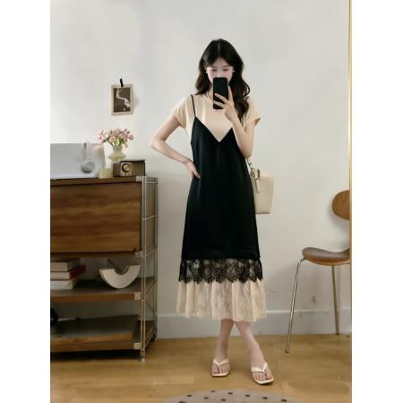 大码女装夏季新款时尚蕾丝拼接假两件宽松显瘦遮肚连衣裙 服裝批發女裝批發服飾貨源