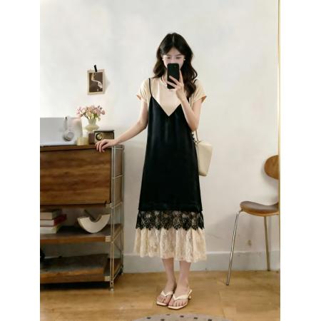 大码女装夏季新款时尚蕾丝拼接假两件宽松显瘦遮肚连衣裙 服裝批發女裝批發服飾貨源