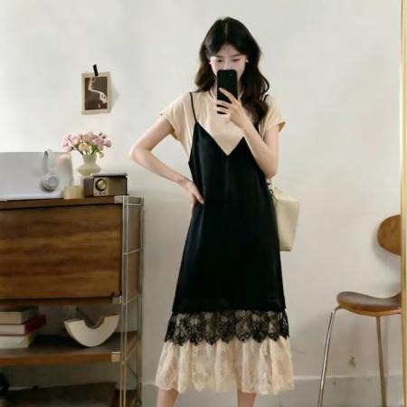 大码女装夏季新款时尚蕾丝拼接假两件宽松显瘦遮肚连衣裙 服裝批發女裝批發服飾貨源