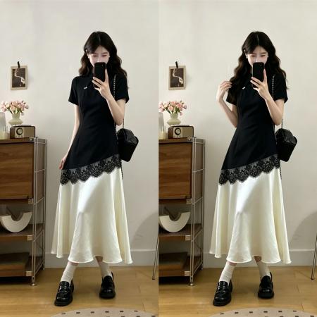 大码女装夏季新中式黑白撞色蕾丝通勤收腰显瘦气质连衣裙 服裝批發女裝批發服飾貨源