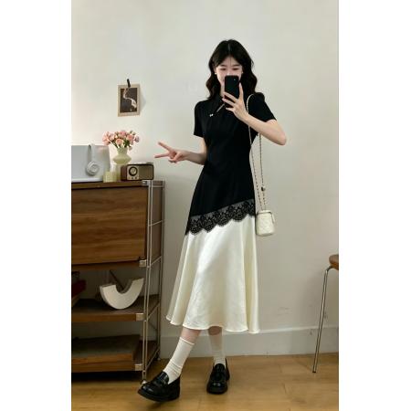大码女装夏季新中式黑白撞色蕾丝通勤收腰显瘦气质连衣裙 服裝批發女裝批發服飾貨源