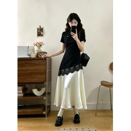 大码女装夏季新中式黑白撞色蕾丝通勤收腰显瘦气质连衣裙 服裝批發女裝批發服飾貨源