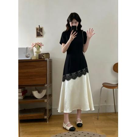 大码女装夏季新中式黑白撞色蕾丝通勤收腰显瘦气质连衣裙 服裝批發女裝批發服飾貨源