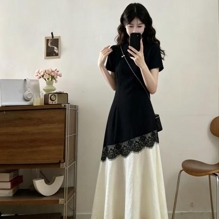 大码女装夏季新中式黑白撞色蕾丝通勤收腰显瘦气质连衣裙 服裝批發女裝批發服飾貨源
