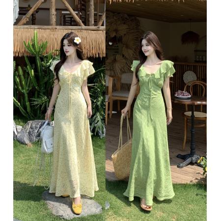 大码夏季新款法式优雅度假连衣裙V领碎花纯欲高腰裙 服裝批發女裝批發服飾貨源