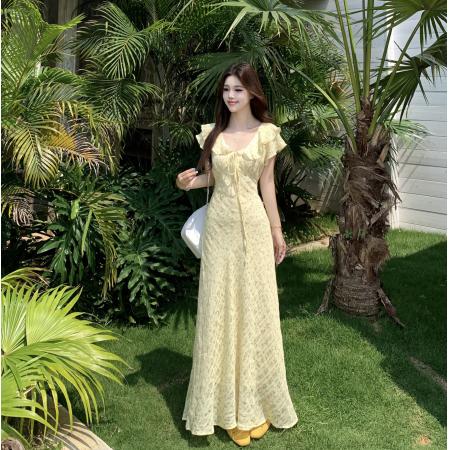 大码夏季新款法式优雅度假连衣裙V领碎花纯欲高腰裙 服裝批發女裝批發服飾貨源