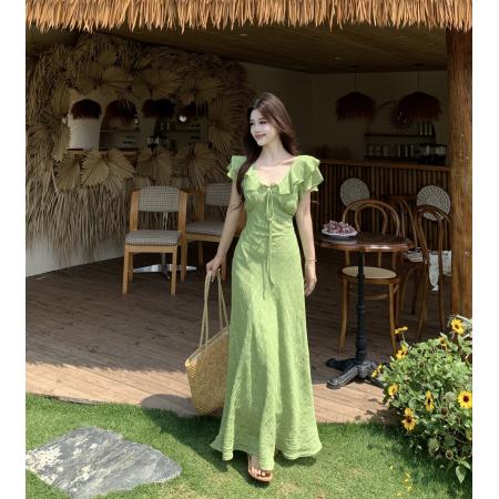 大码夏季新款法式优雅度假连衣裙V领碎花纯欲高腰裙 服裝批發女裝批發服飾貨源