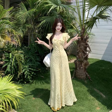 大码夏季新款法式优雅度假连衣裙V领碎花纯欲高腰裙 服裝批發女裝批發服飾貨源