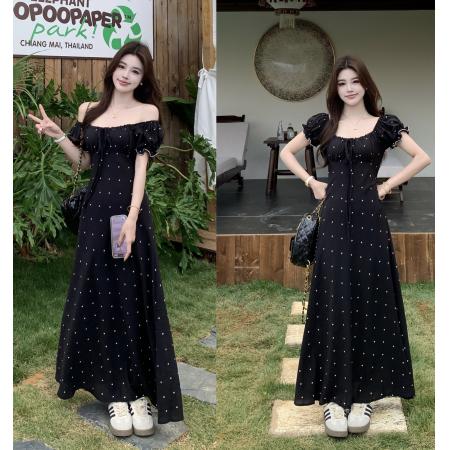 大码夏季法式复古设计感收腰显瘦短袖连衣裙爱心雪纺长裙 服裝批發女裝批發服飾貨源