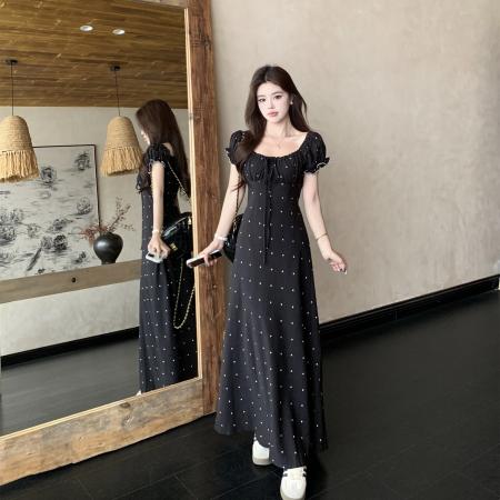 大码夏季法式复古设计感收腰显瘦短袖连衣裙爱心雪纺长裙 服裝批發女裝批發服飾貨源