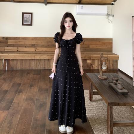 大码夏季法式复古设计感收腰显瘦短袖连衣裙爱心雪纺长裙 服裝批發女裝批發服飾貨源