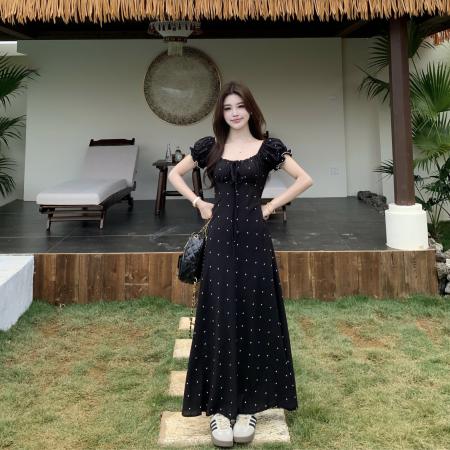 大码夏季法式复古设计感收腰显瘦短袖连衣裙爱心雪纺长裙 服裝批發女裝批發服飾貨源