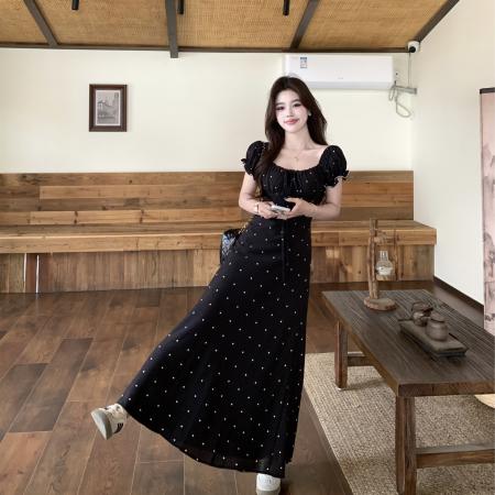 大码夏季法式复古设计感收腰显瘦短袖连衣裙爱心雪纺长裙 服裝批發女裝批發服飾貨源