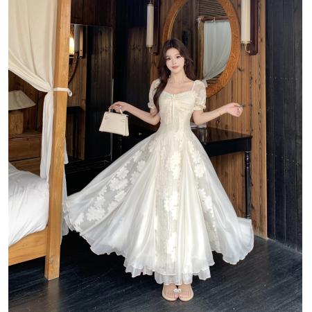 白茶与风纯欲白月光气质刺绣花朵收腰连衣裙度假风长裙女 服裝批發女裝批發服飾貨源