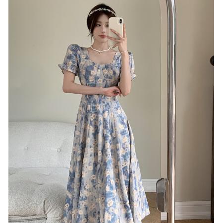 大码法式方领蓝色油画碎花连衣裙女夏收腰显瘦初恋长裙 服裝批發女裝批發服飾貨源