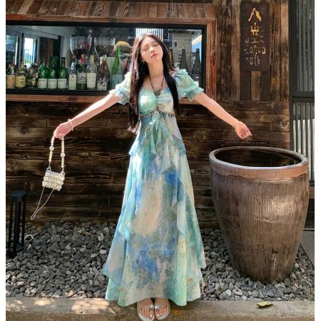 大码夏季新款法式甜美气质雪纺连衣裙度假风遮肉油画长裙女 服裝批發女裝批發服飾貨源