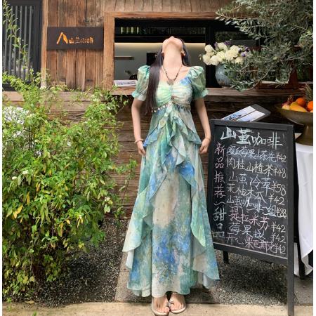 大码夏季新款法式甜美气质雪纺连衣裙度假风遮肉油画长裙女 服裝批發女裝批發服飾貨源