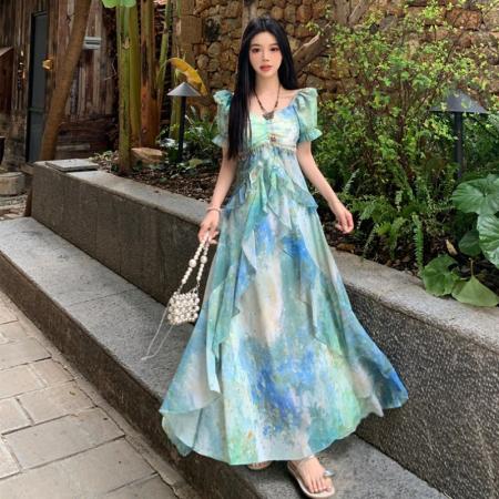 大码夏季新款法式甜美气质雪纺连衣裙度假风遮肉油画长裙女 服裝批發女裝批發服飾貨源