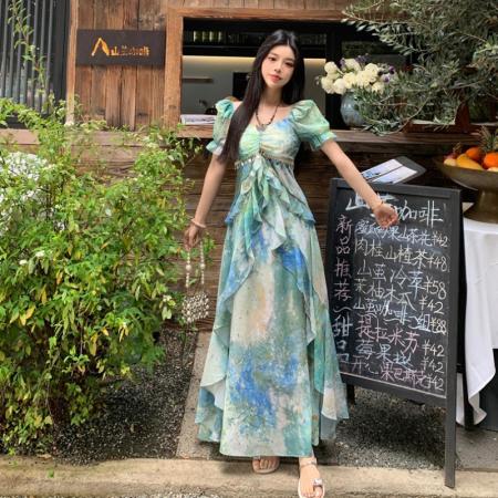 大码夏季新款法式甜美气质雪纺连衣裙度假风遮肉油画长裙女 服裝批發女裝批發服飾貨源