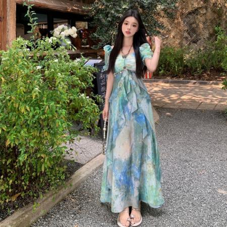 大码夏季新款法式甜美气质雪纺连衣裙度假风遮肉油画长裙女 服裝批發女裝批發服飾貨源