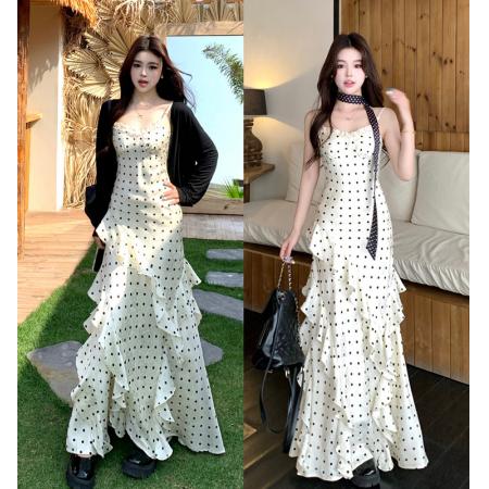 法式波点连衣裙女春夏显瘦通勤高级感+黑色针织开衫件套 服裝批發女裝批發服飾貨源