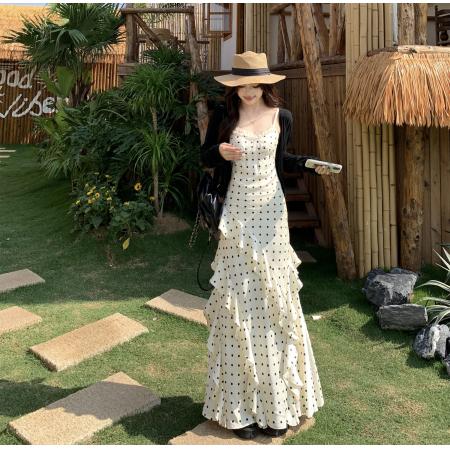 法式波点连衣裙女春夏显瘦通勤高级感+黑色针织开衫件套 服裝批發女裝批發服飾貨源