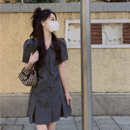 夏季V领连衣裙女薄款修身显瘦短袖衬衫裙辣妹西装裙子 服裝批發女裝批發服飾貨源