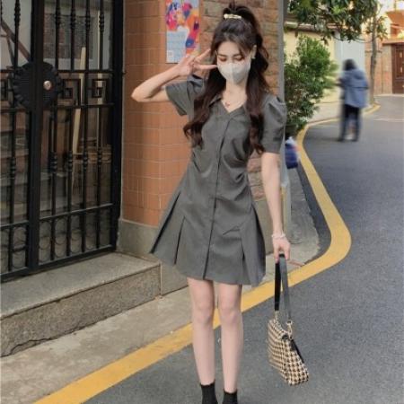 夏季V领连衣裙女薄款修身显瘦短袖衬衫裙辣妹西装裙子 服裝批發女裝批發服飾貨源