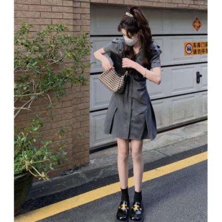 夏季V领连衣裙女薄款修身显瘦短袖衬衫裙辣妹西装裙子 服裝批發女裝批發服飾貨源