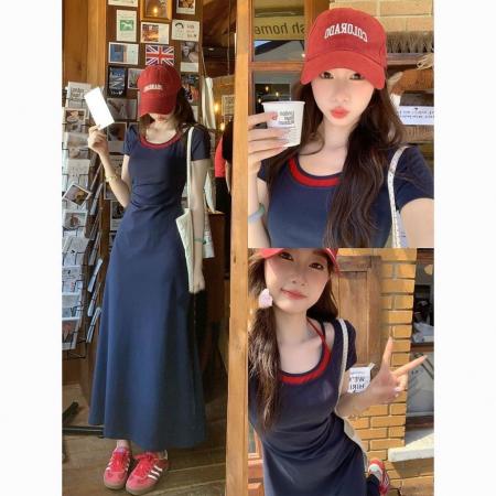 韩系拍照可爱连衣裙女夏温柔少女气质假两件长裙 服裝批發女裝批發服飾貨源