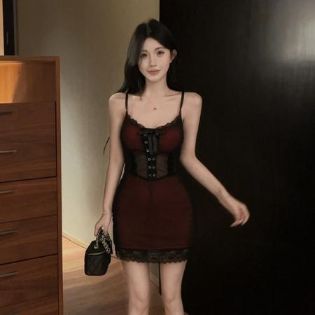 蕾丝拼接吊带连衣裙女修身显瘦性感包臀裙辣妹风短款小礼裙 服裝批發女裝批發服飾貨源