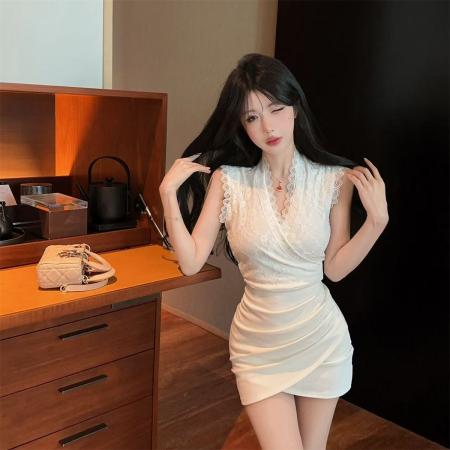 性感蕾丝拼接V领连衣裙女修身收腰显瘦包臀裙气质名媛风短裙 服裝批發女裝批發服飾貨源