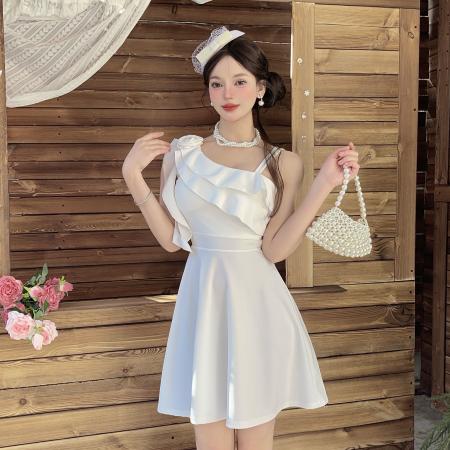 仙女风单肩吊带连衣裙女荷叶边收腰a字裙温柔风白色小短裙 服裝批發女裝批發服飾貨源