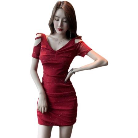 性感V领露肩连衣裙女亮片气质收腰修身包臀显瘦包臀短裙 服裝批發女裝批發服飾貨源