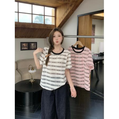 夏季新款胖mm大码韩版复古条纹短袖t恤撞色提花蕾丝上衣 服裝批發女裝批發服飾貨源