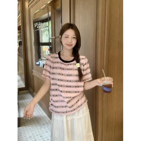 夏季新款胖mm大码韩版复古条纹短袖t恤撞色提花蕾丝上衣 服裝批發女裝批發服飾貨源