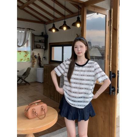 夏季新款胖mm大码韩版复古条纹短袖t恤撞色提花蕾丝上衣 服裝批發女裝批發服飾貨源