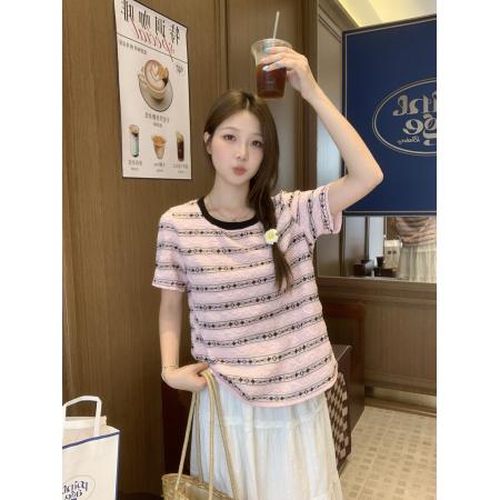 夏季新款胖mm大码韩版复古条纹短袖t恤撞色提花蕾丝上衣 服裝批發女裝批發服飾貨源