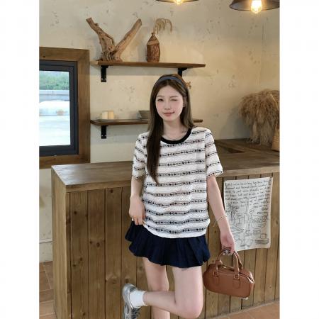 夏季新款胖mm大码韩版复古条纹短袖t恤撞色提花蕾丝上衣 服裝批發女裝批發服飾貨源