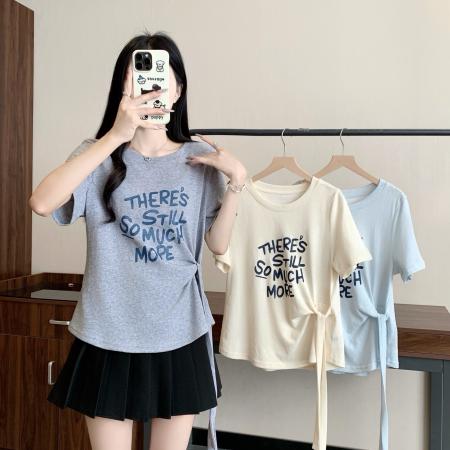 夏季新款胖mm大码字母印花圆领短袖T恤侧腰绑带正肩上衣 服裝批發女裝批發服飾貨源