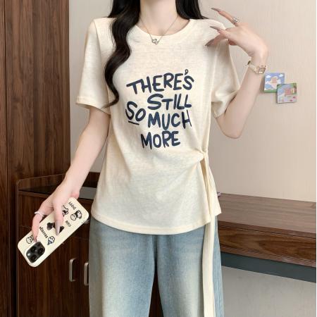夏季新款胖mm大码字母印花圆领短袖T恤侧腰绑带正肩上衣 服裝批發女裝批發服飾貨源